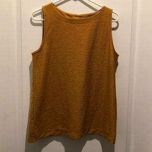 Loft mustard yellow sleeveless knit top with detailed button back, some pilling